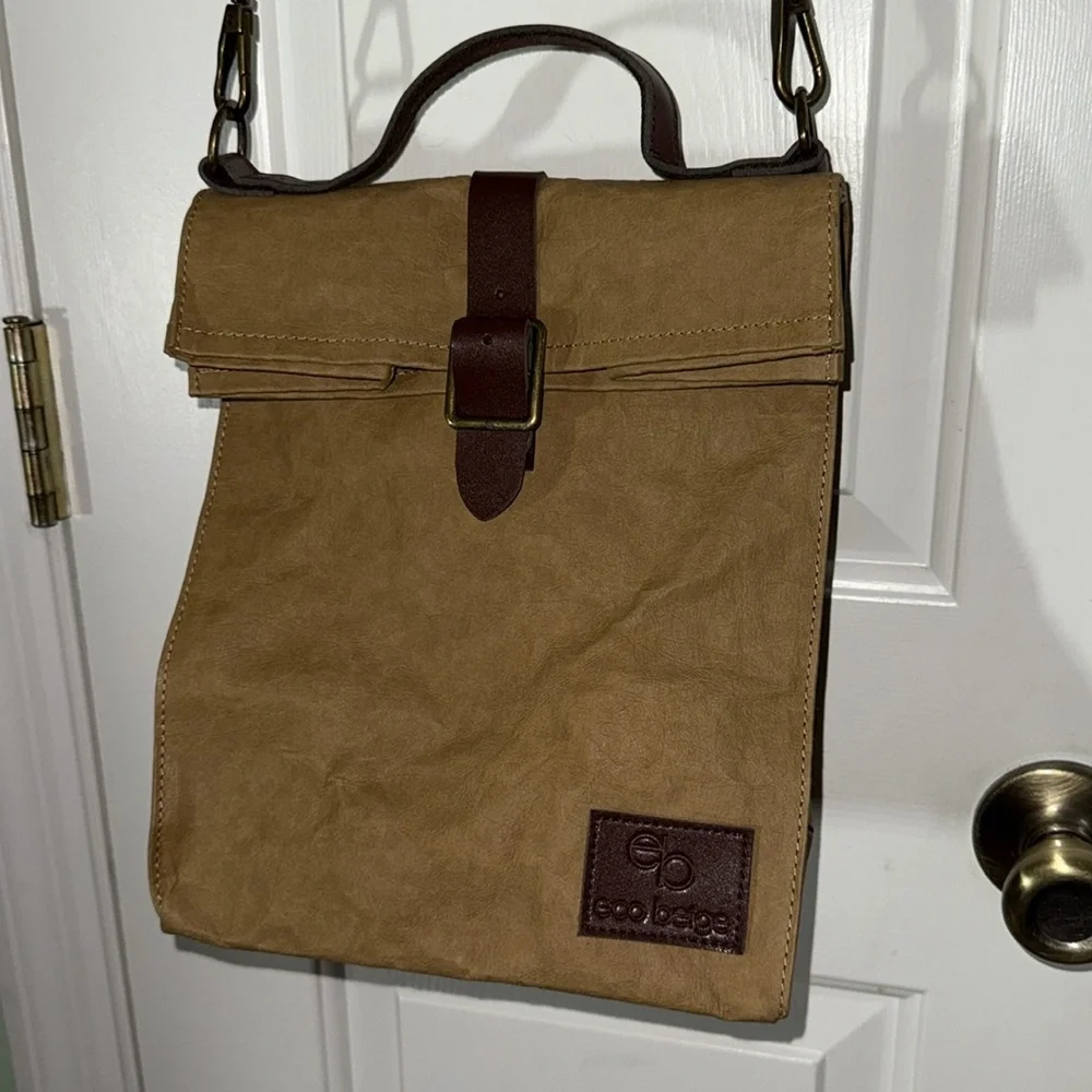 Eco-Beige Brown Leather-Trimmed Brown Paper Bag Crossbody Bag Recycled 9x11x5.5 - Picture 2 of 11